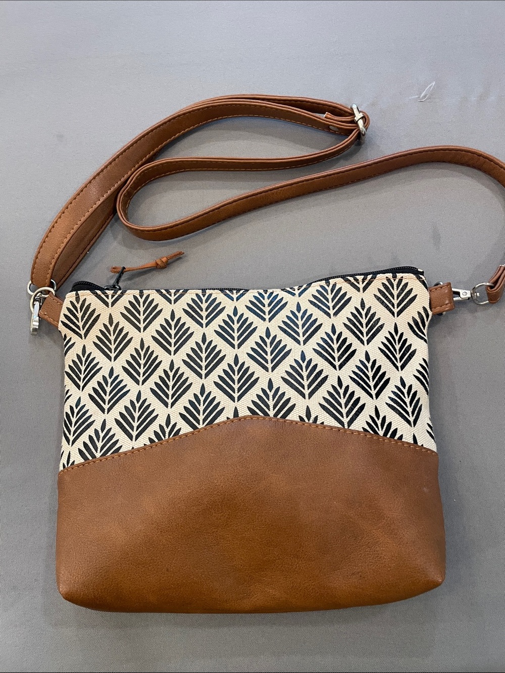 Canvas & Faux Leather Crossbody Bag in Brown and Cream